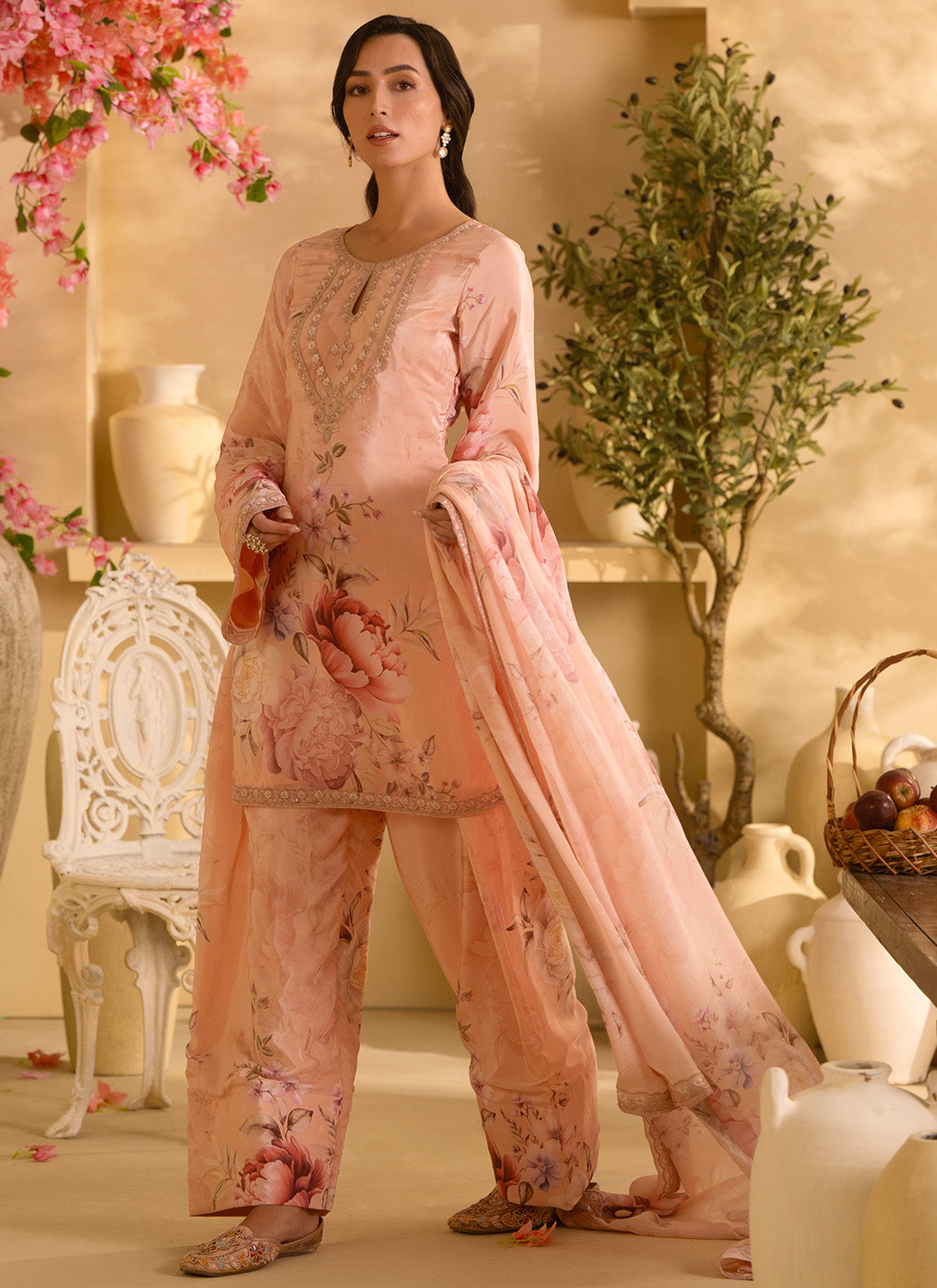 Dusty Peach Floral Embroidered Satin Georgette Farshi Salwar Suit