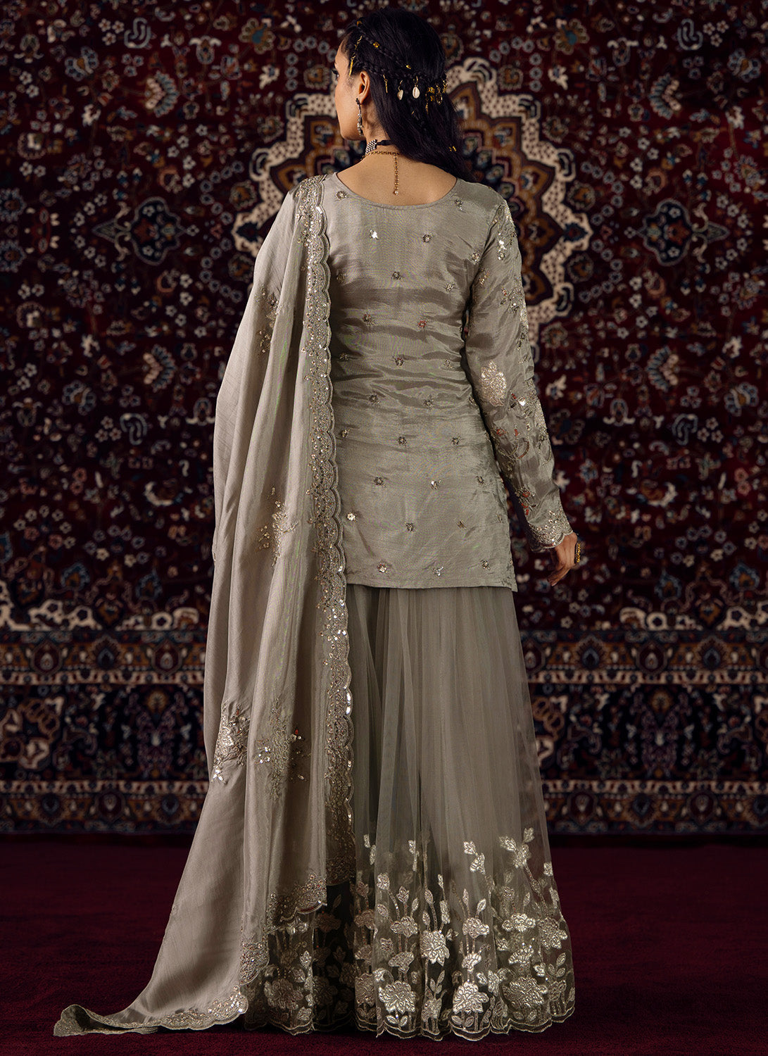 Grey Embroidered Silk Sharara Suit