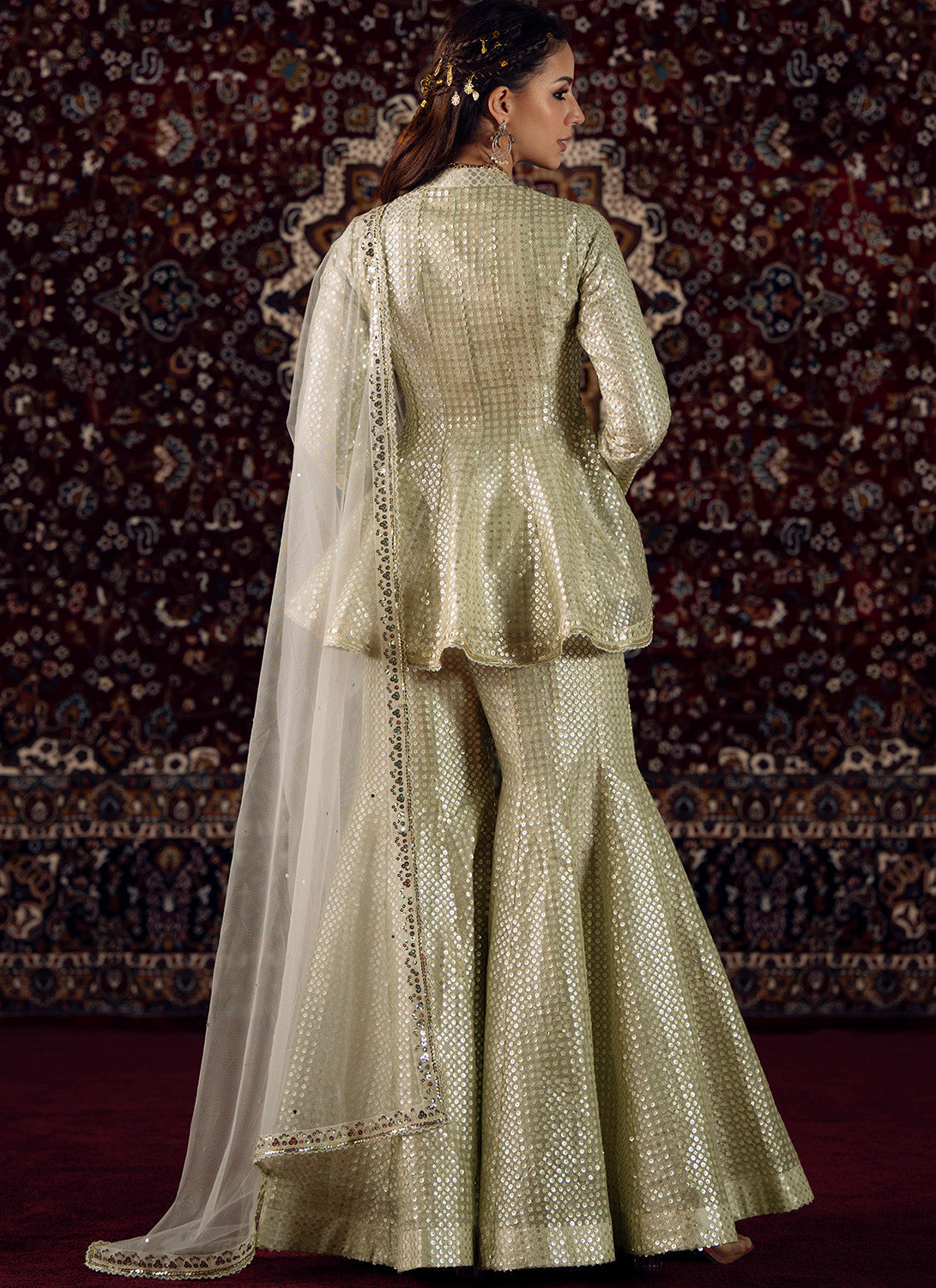 Light Grey Embroidered Viscose Tissue Sharara Suit