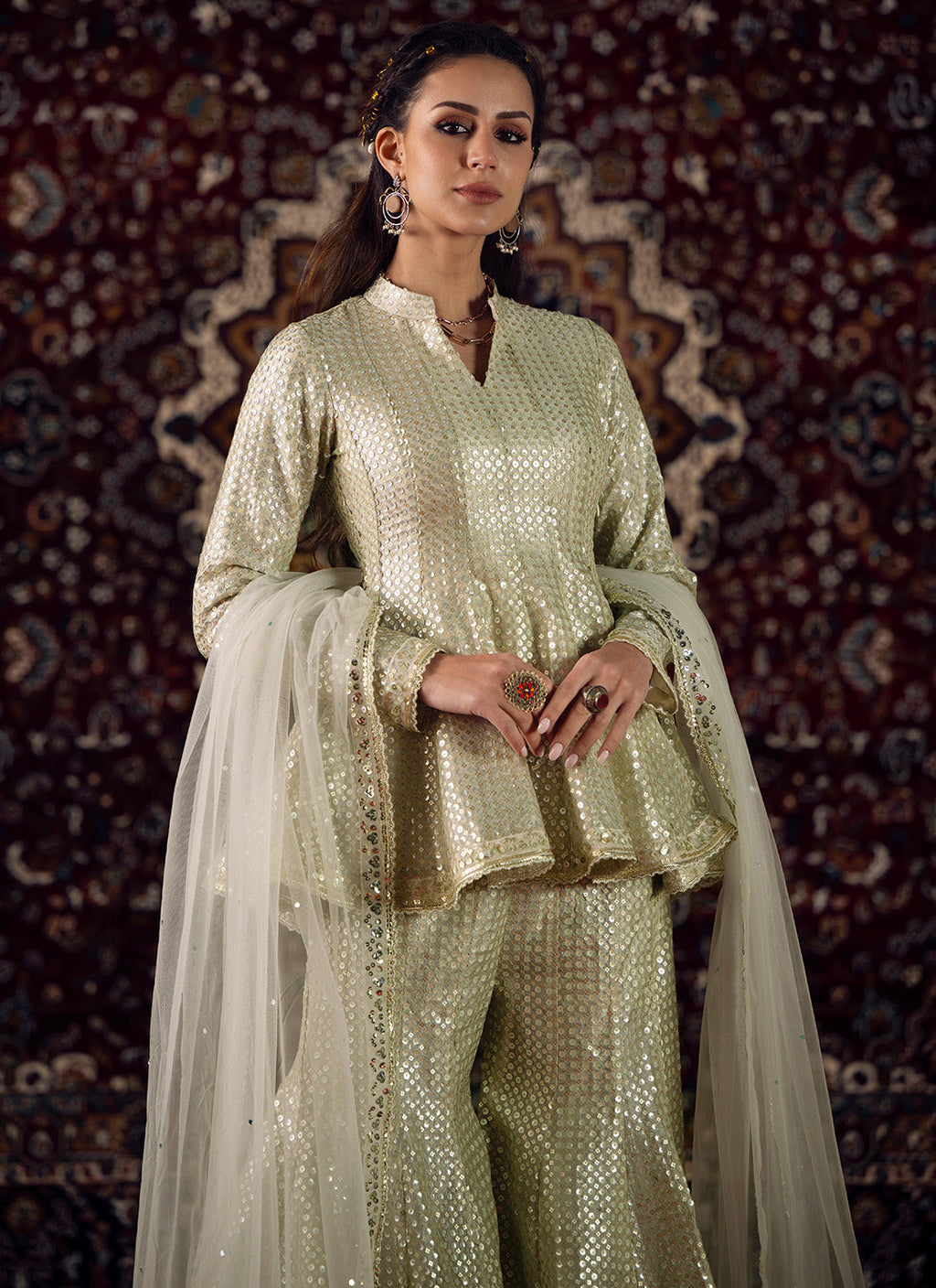 Light Grey Embroidered Viscose Tissue Sharara Suit
