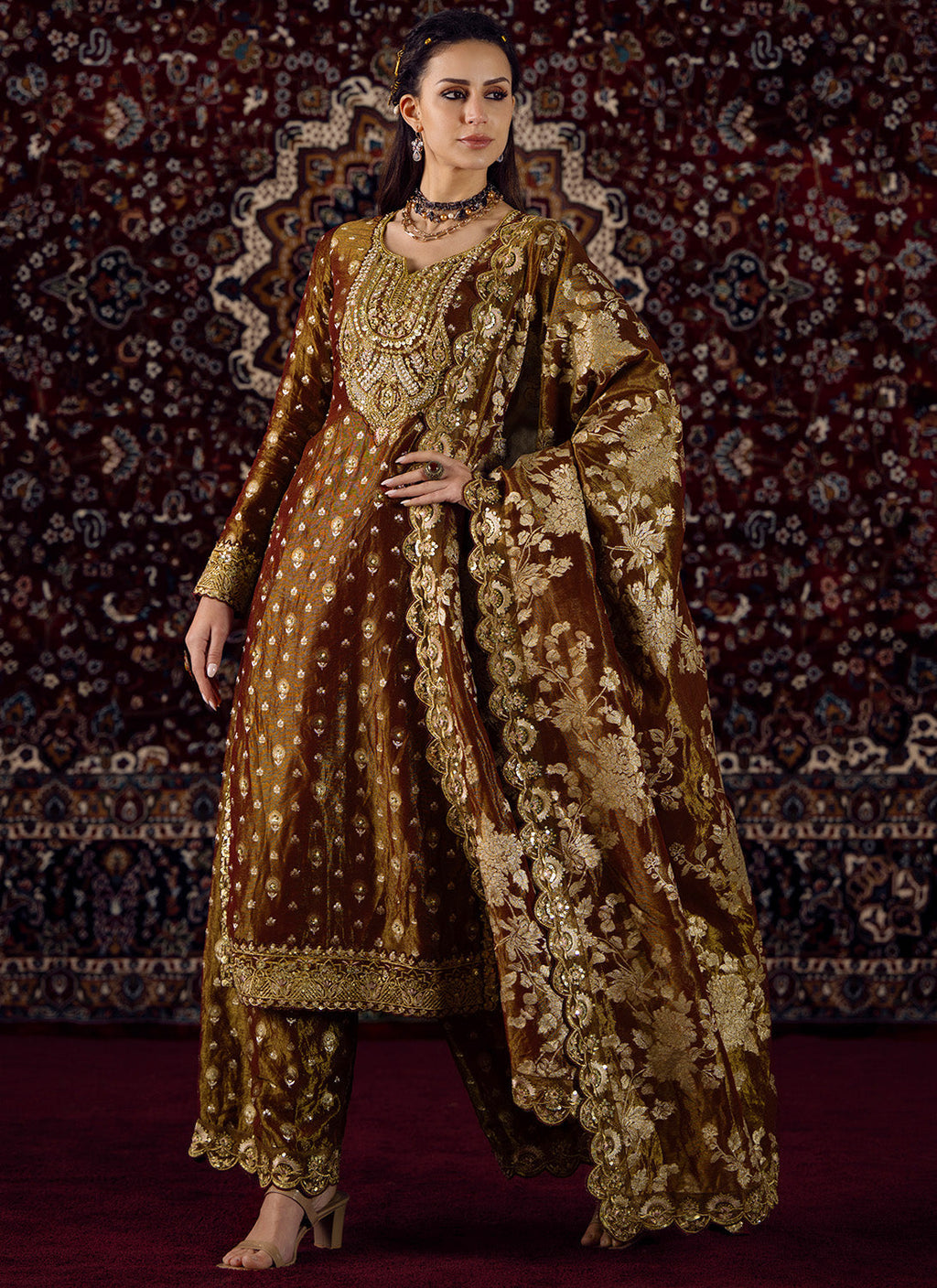 Deep Rust Embroidered Tissue Straight Suit