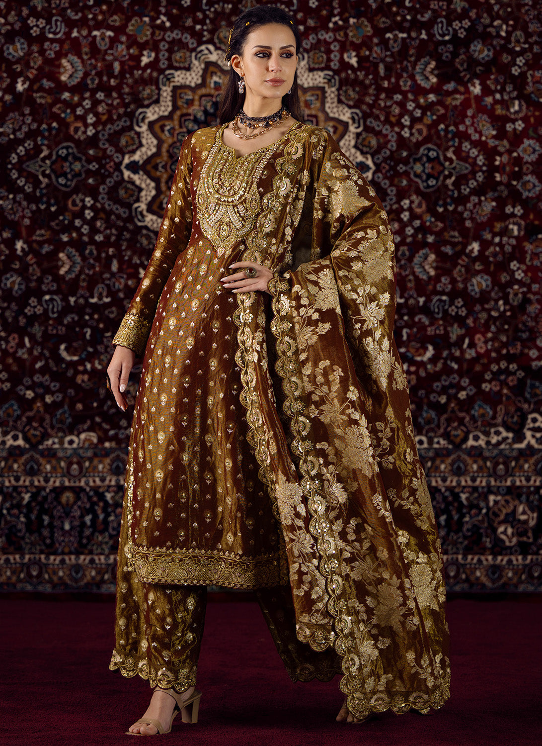 Deep Rust Embroidered Tissue Straight Suit