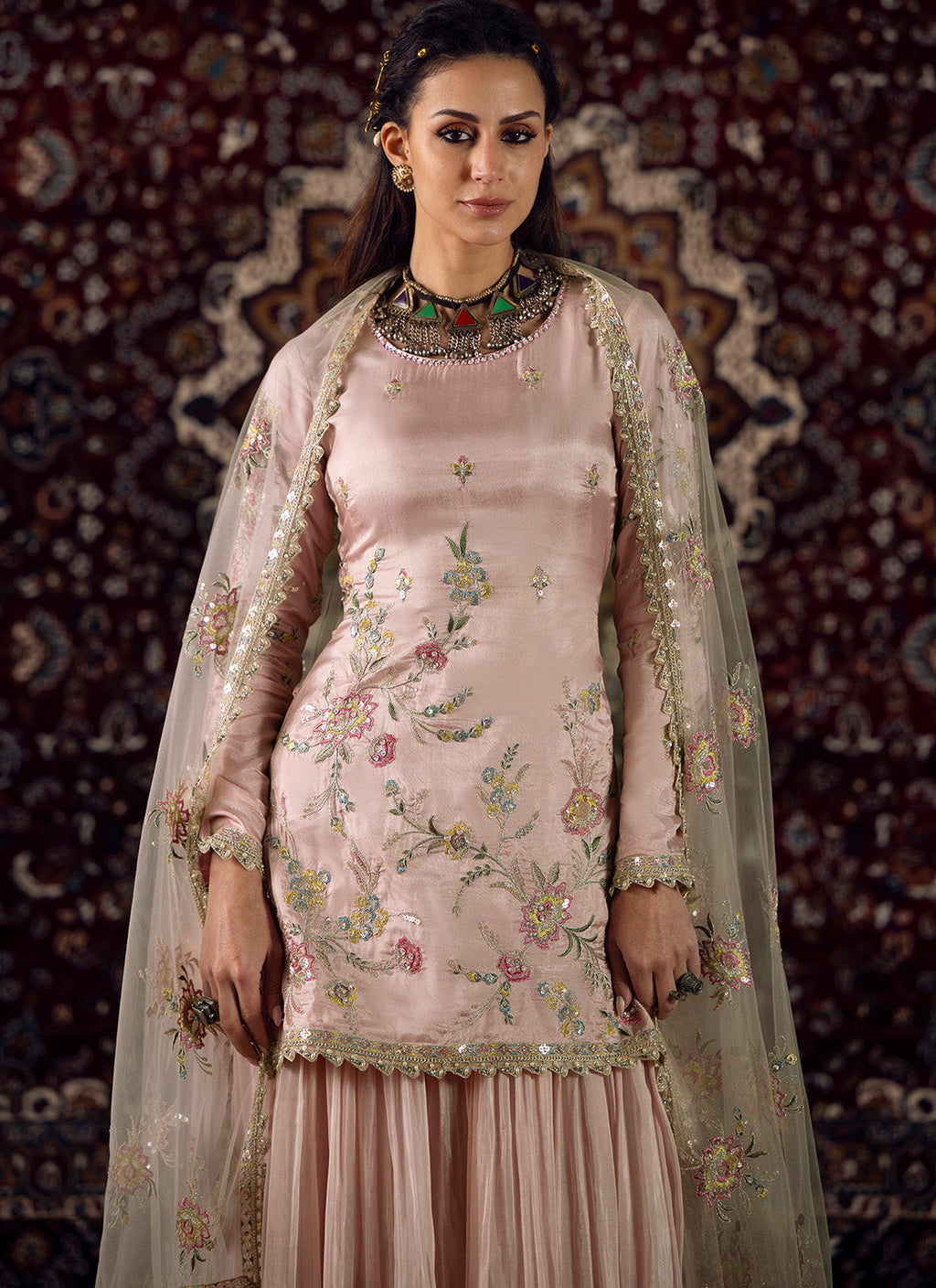 Soft Pink Embroidered Silk Sharara Suit