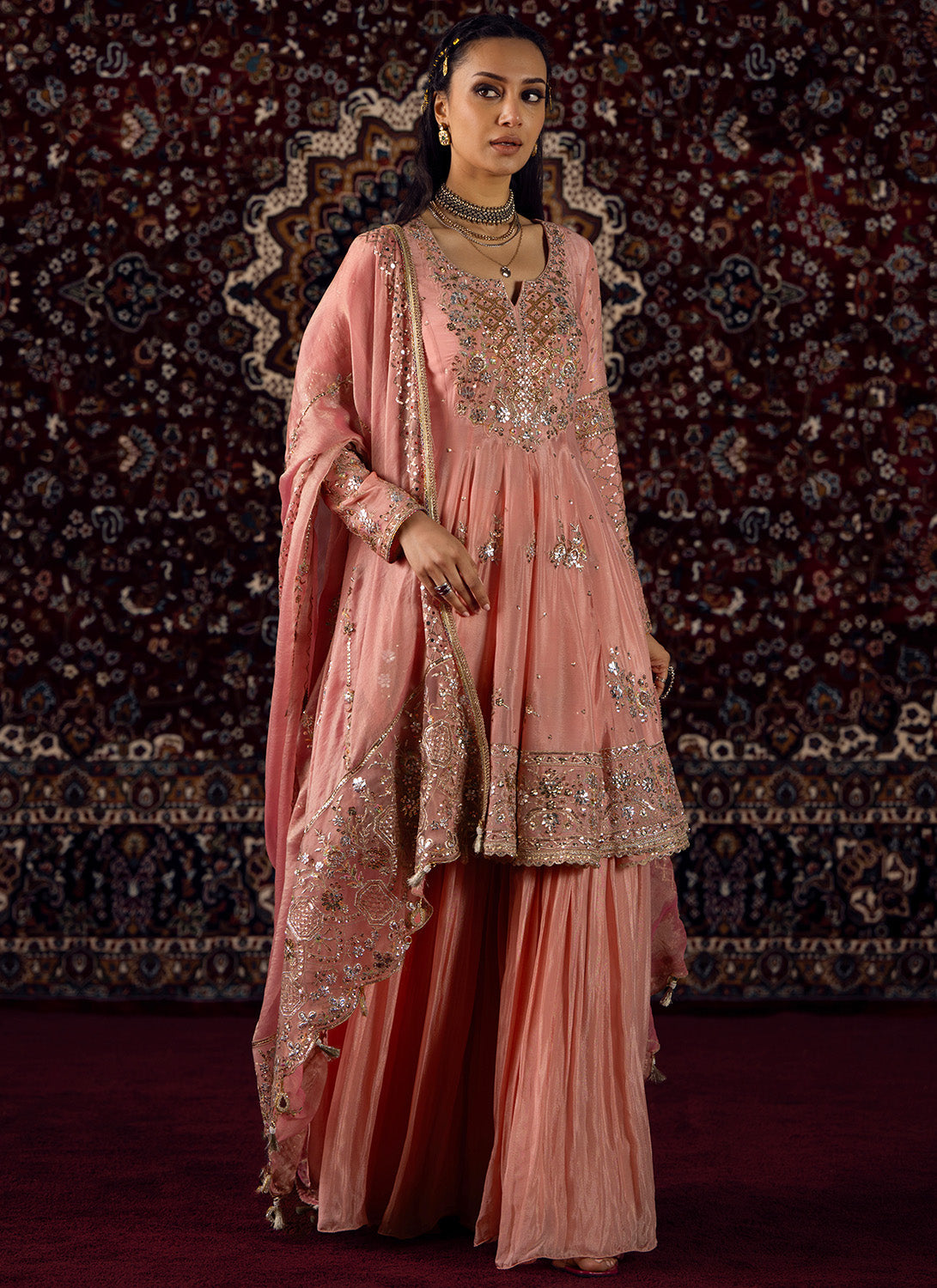 Peachy Pink Embroidered Viscose Chinon Sharara