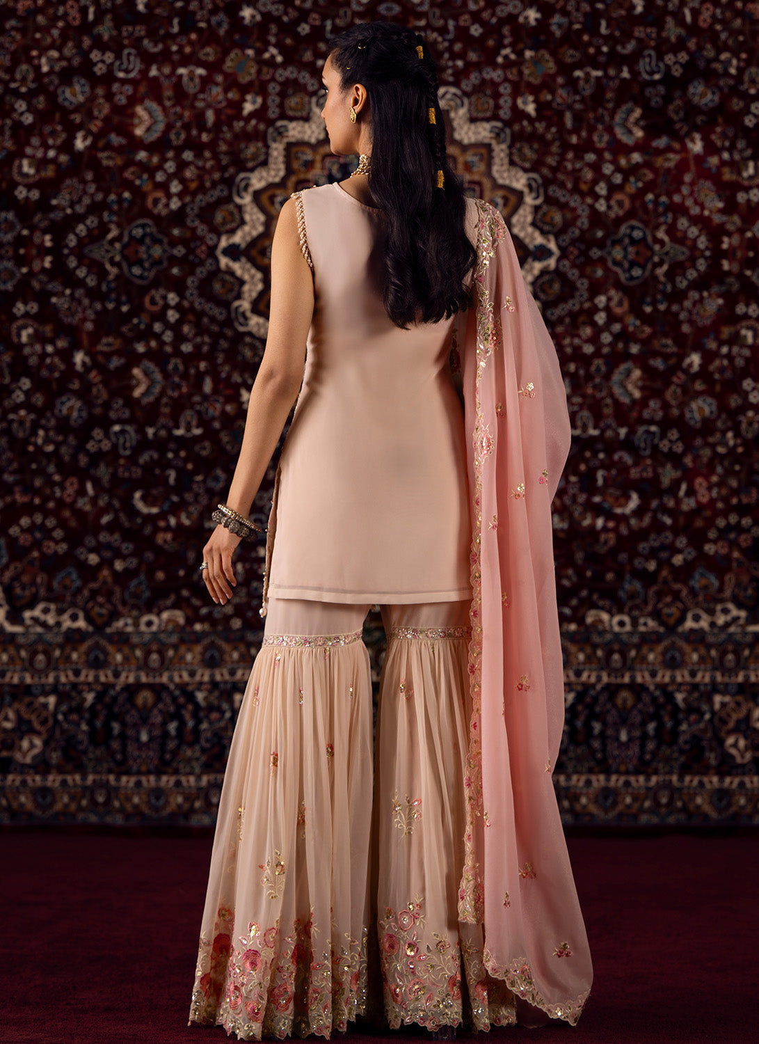 Nude and Pink Embroidered Georgette Gharara