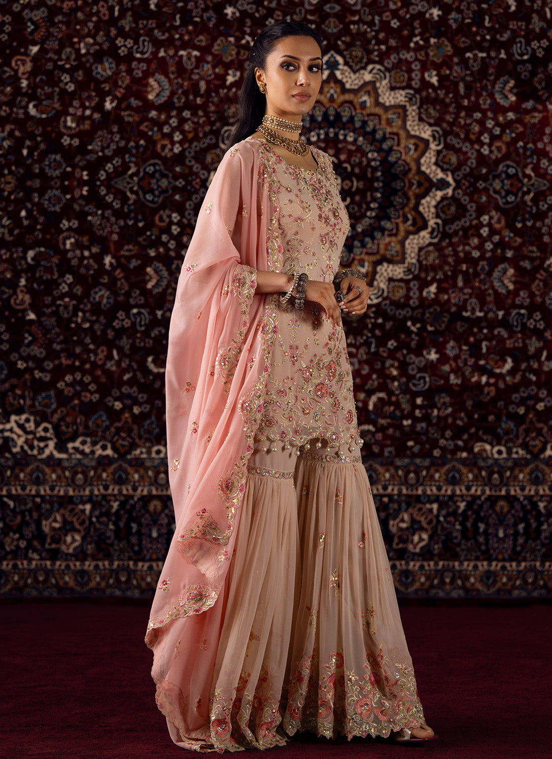 Nude and Pink Embroidered Georgette Gharara