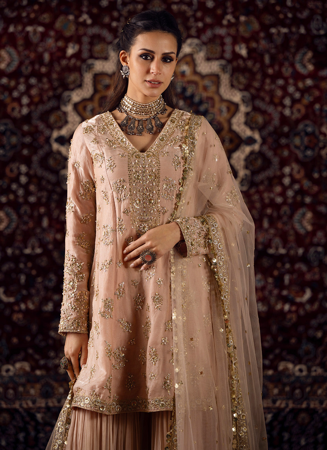 Peach Embroidered Satin Sharara Suit