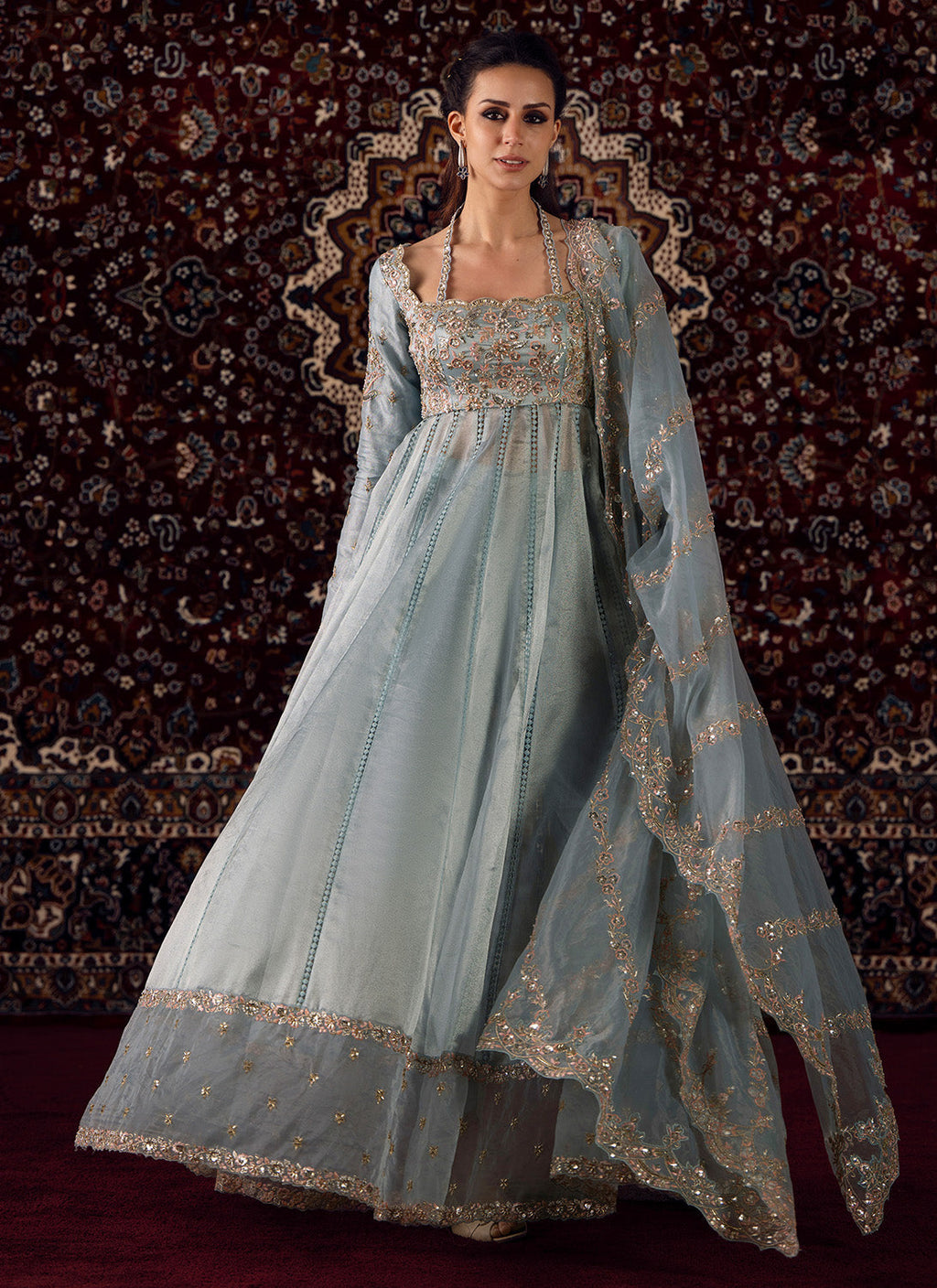 Dusty Blue Embroidered Organza Anarkali