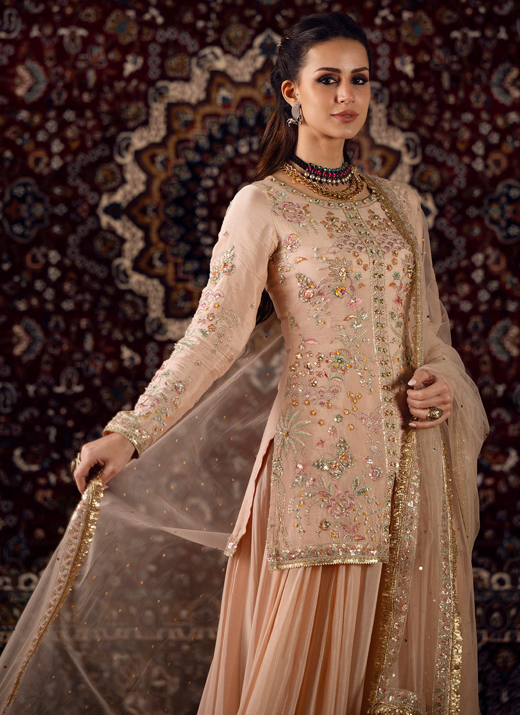 Soft Peach Embroidered Viscose Chinon Gharara