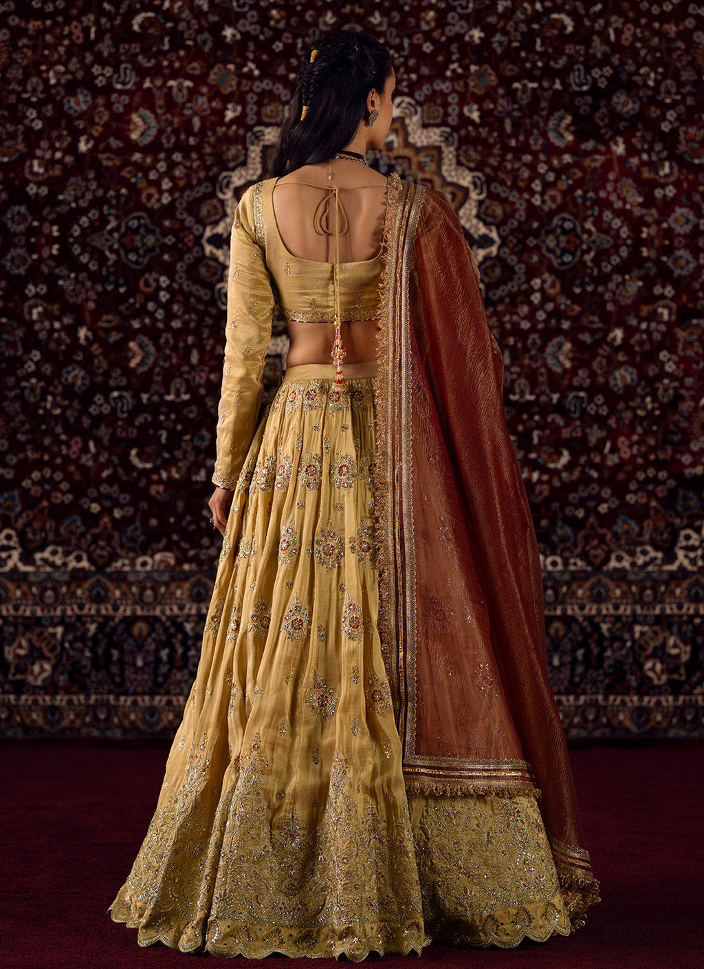 Gold and Maroon Embroidered Viscose Silk Lehenga