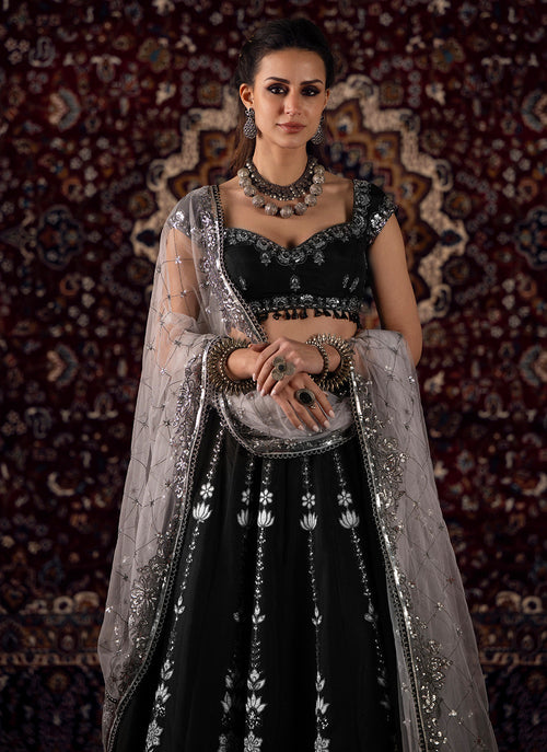Black and White Embroidered Viscose Silk Lehenga