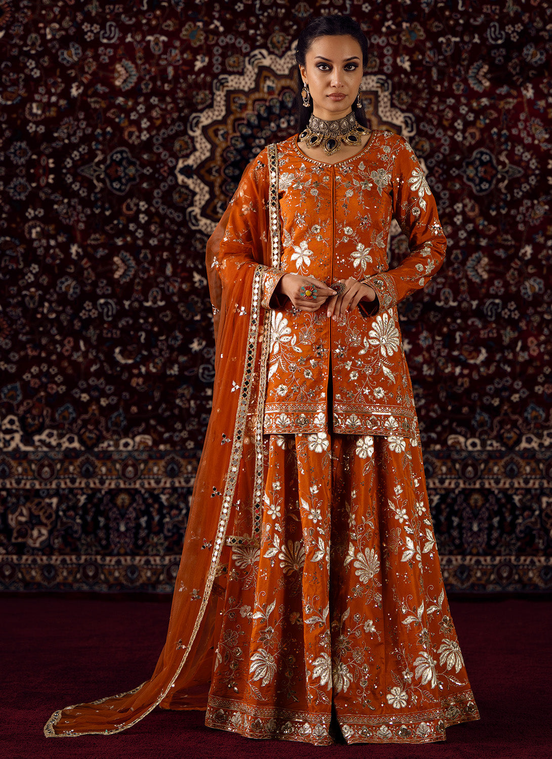 Rust Orange Embroidered Viscose Silk Sharara