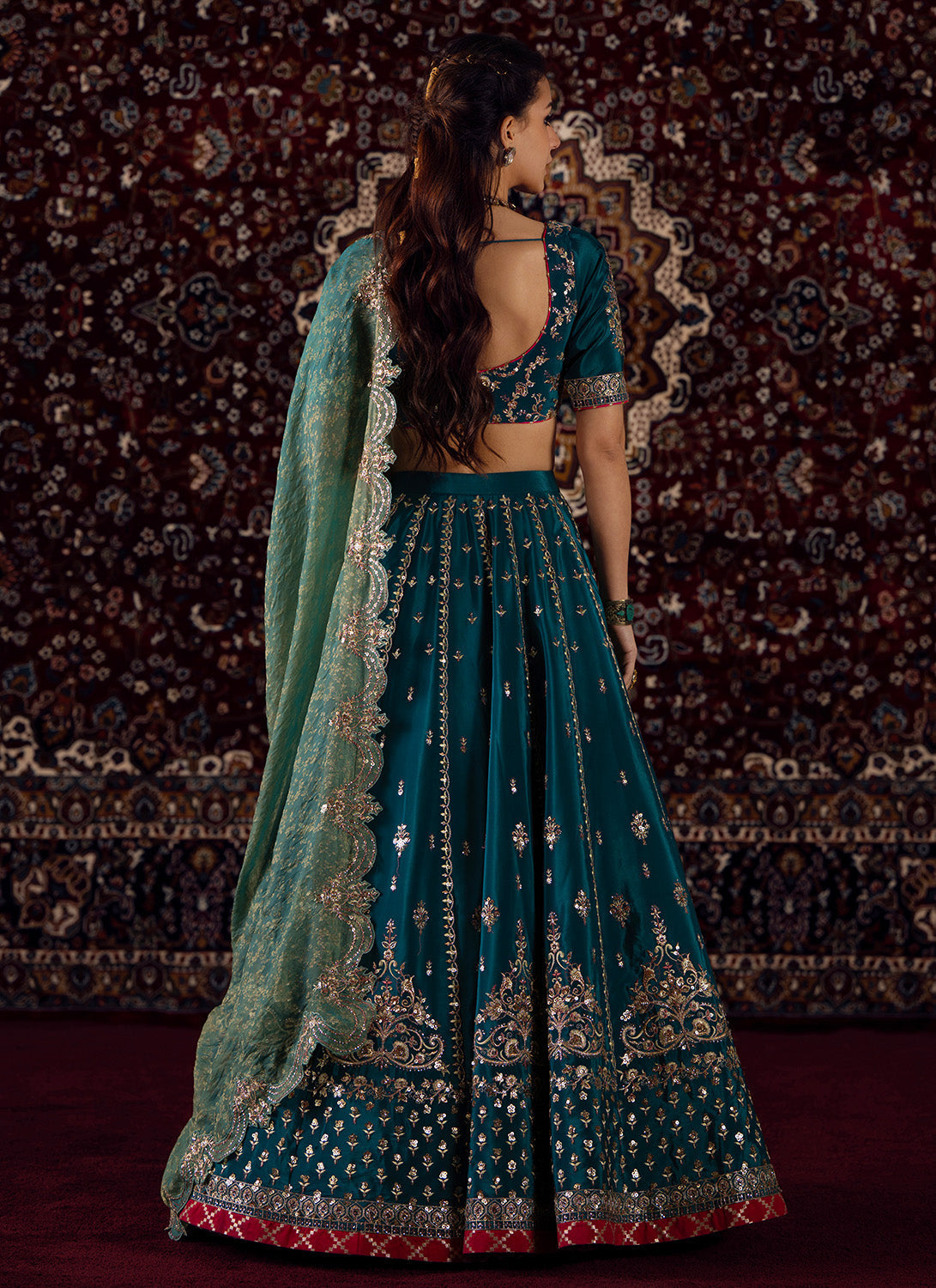 Teal Blue Embroidered Viscose Crepe Lehenga
