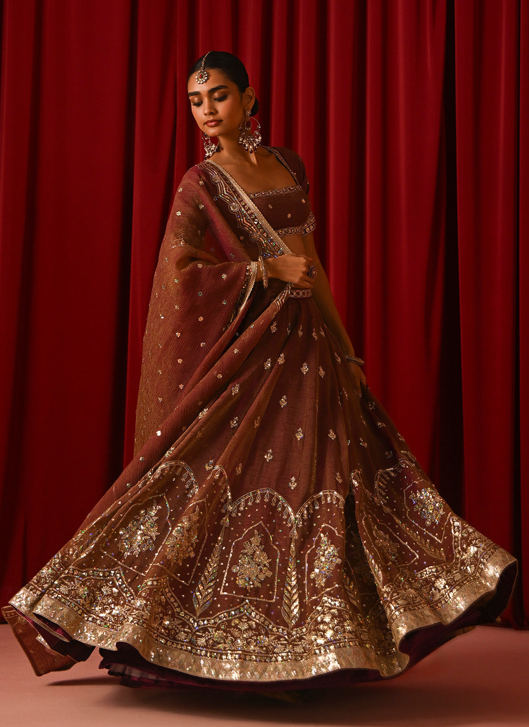 Brown Embroidered Tissue Lehenga
