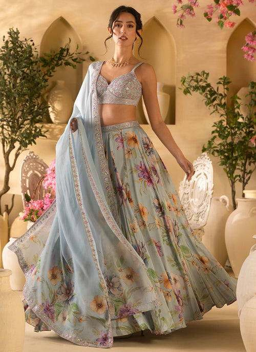 Dusty Blue Floral Embroidered Satin Georgette Lehenga