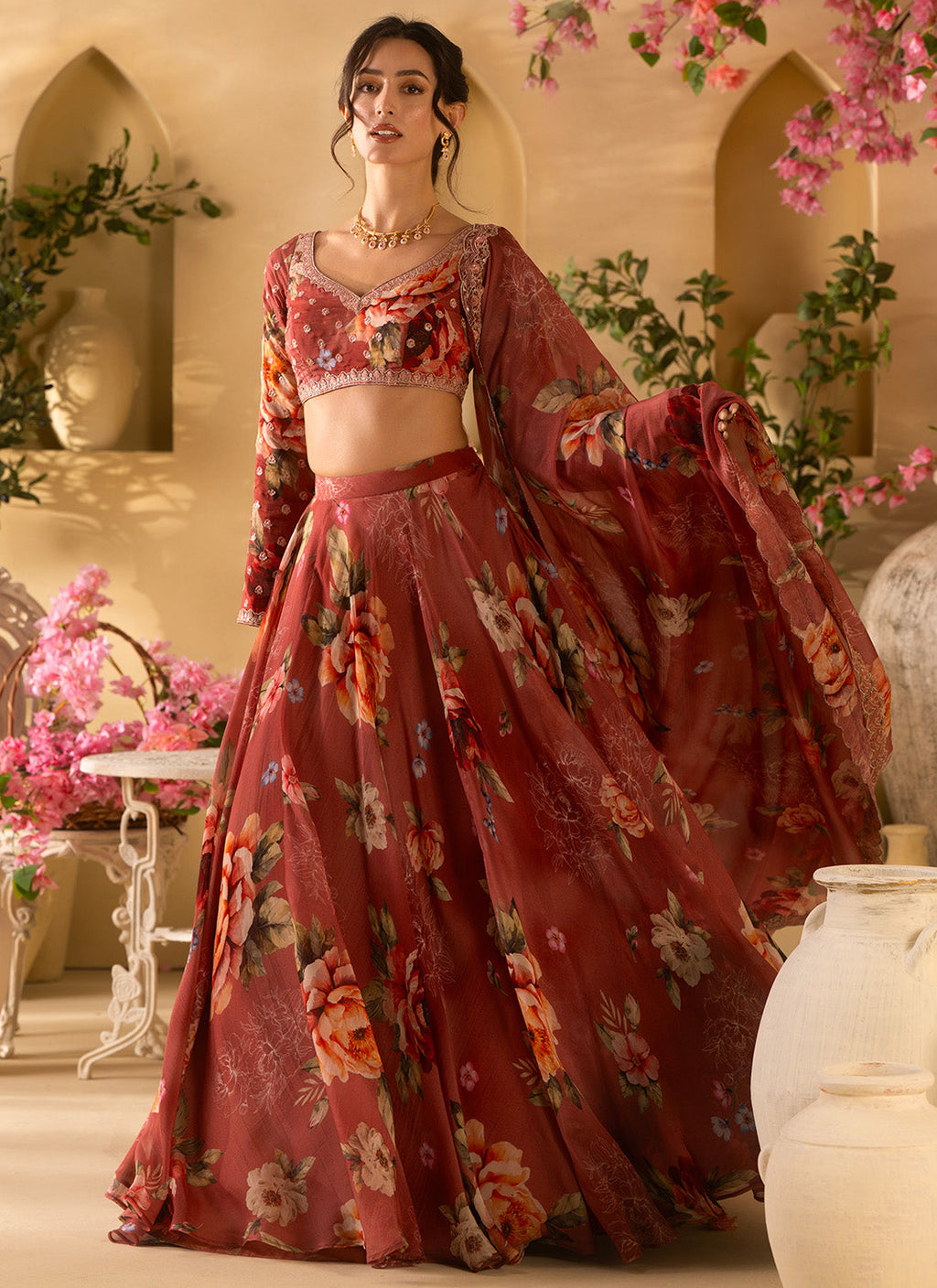 Dusty Rose Floral Embroidered Organza Lehenga