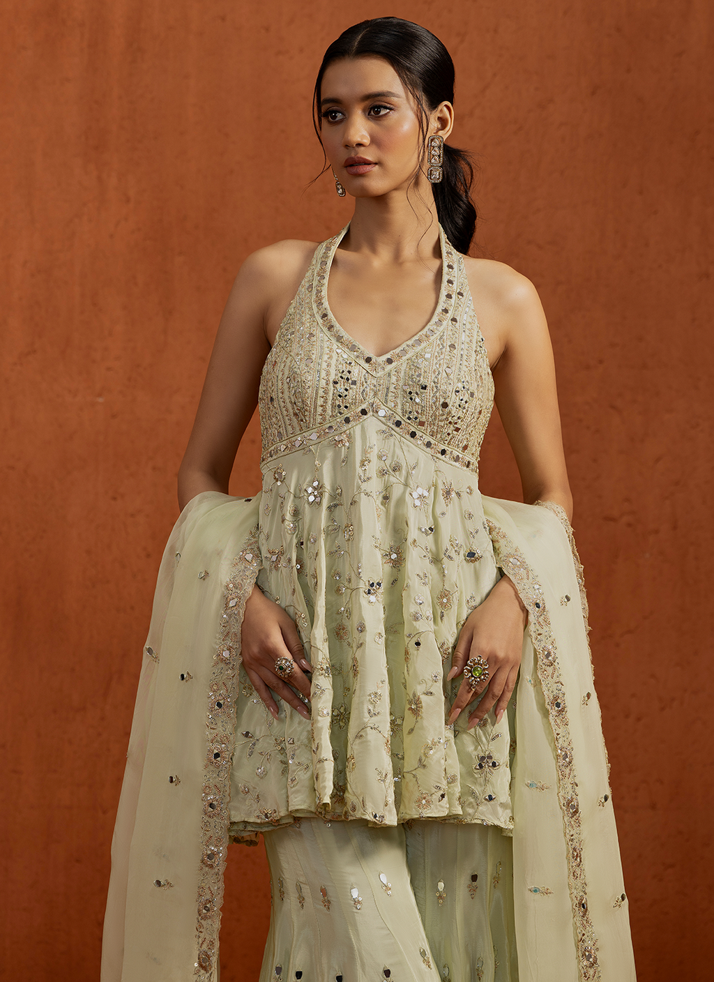 Light Green Embroidered Peplum Style Gharara Suit
