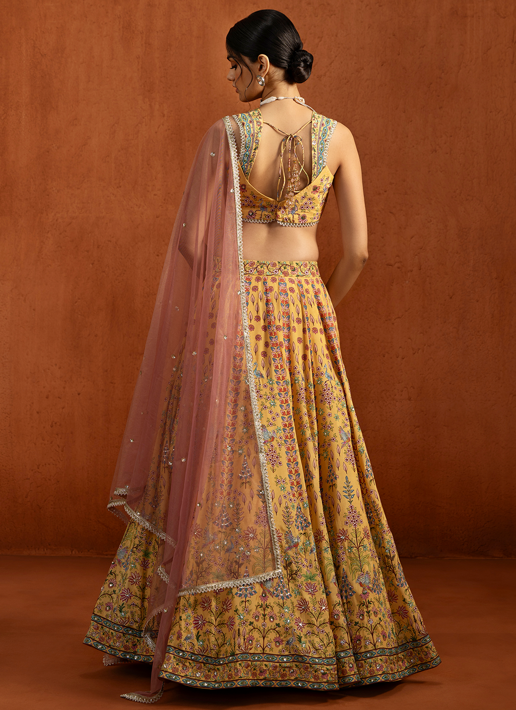 Yellow Multicolor Printed Viscose Silk Lehenga