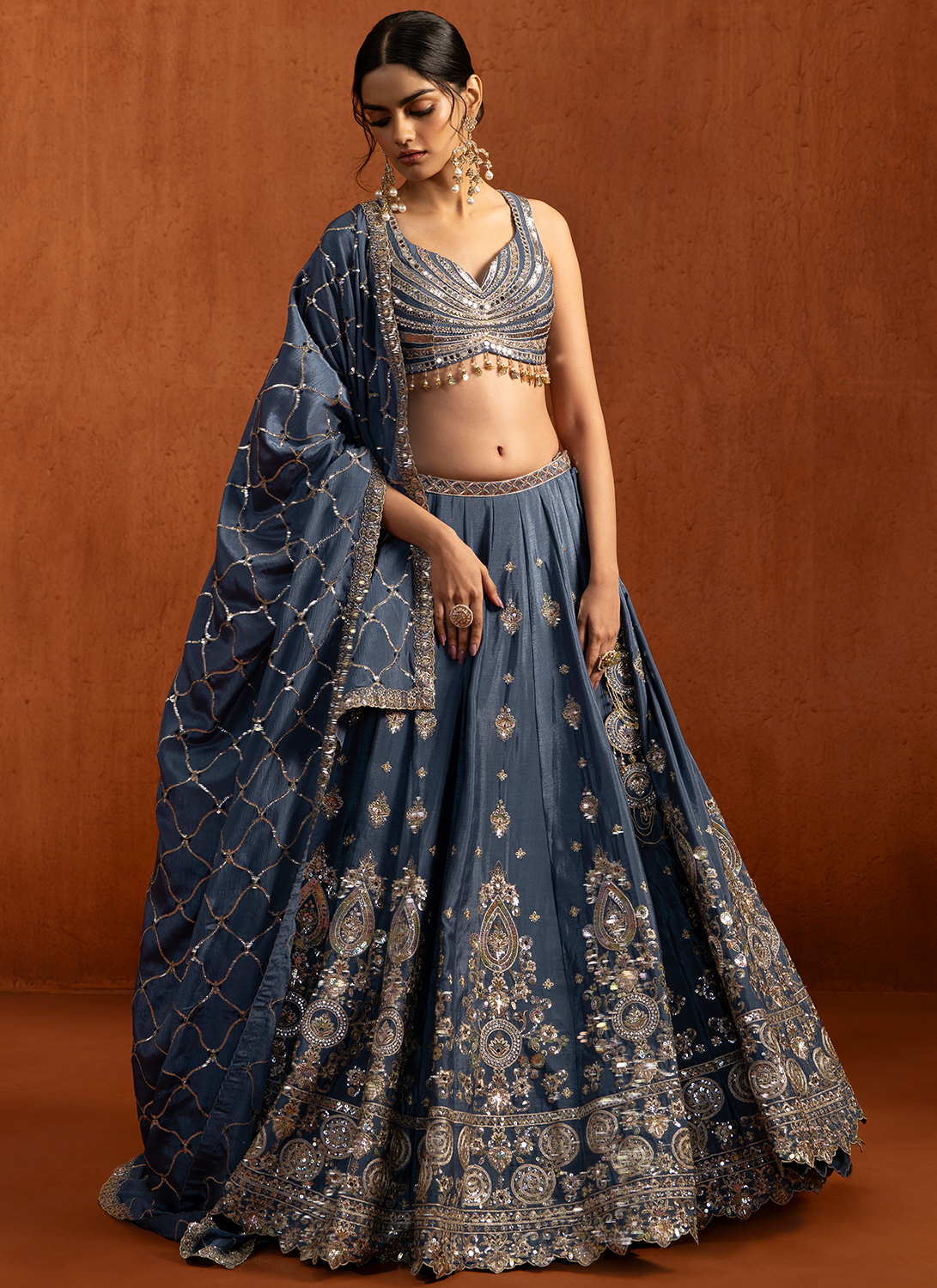 Blue Embroidered Chiffon Lehenga