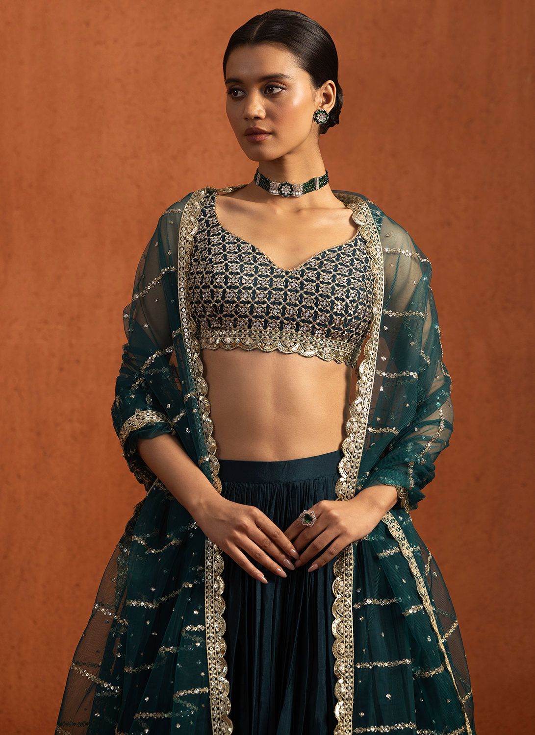 Teal Embroidered Crepe Silk Lehenga