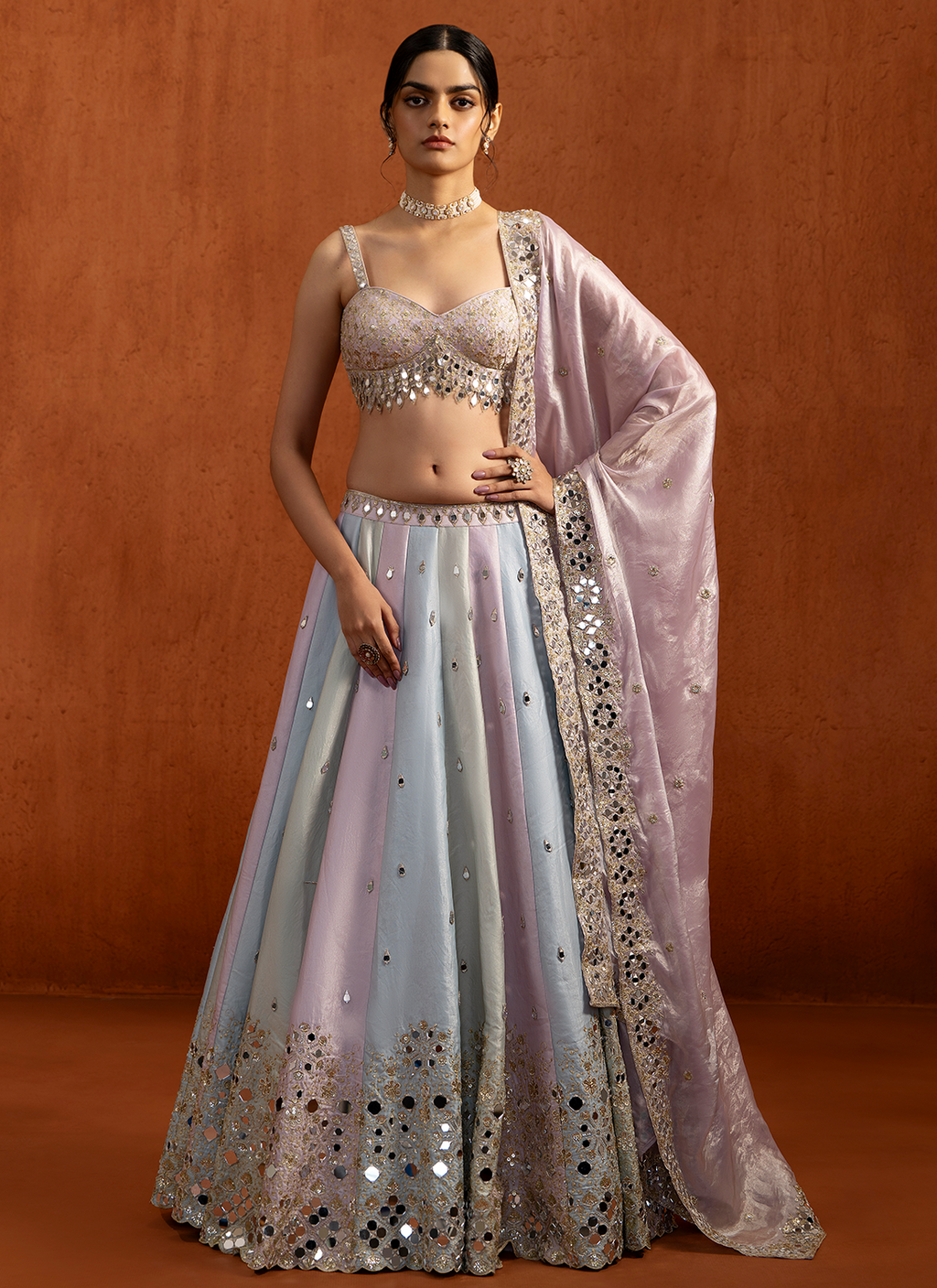Lavender Multicolor Embroidered Satin Lehenga