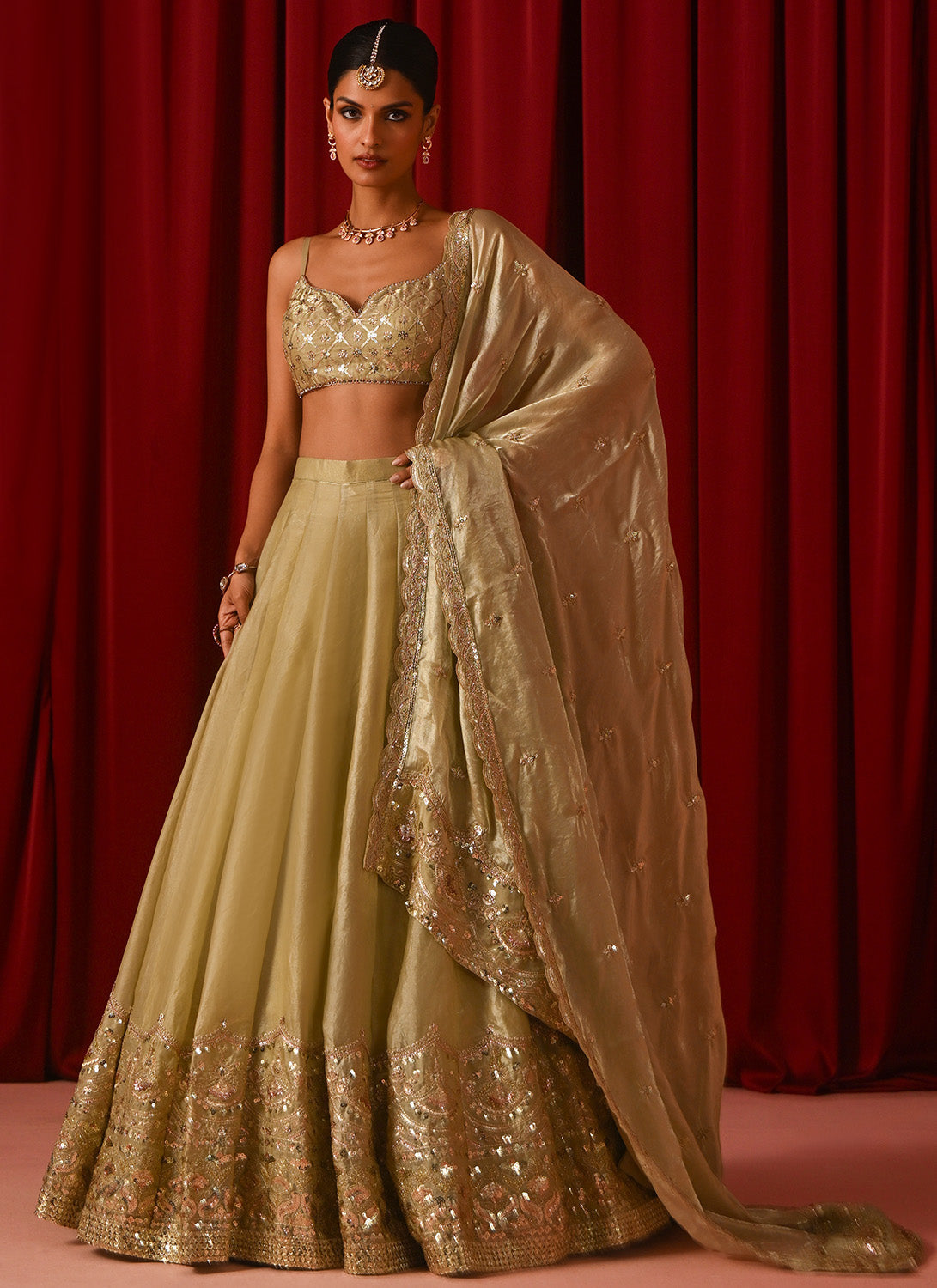 Light Green Embroidered Tissue Lehenga
