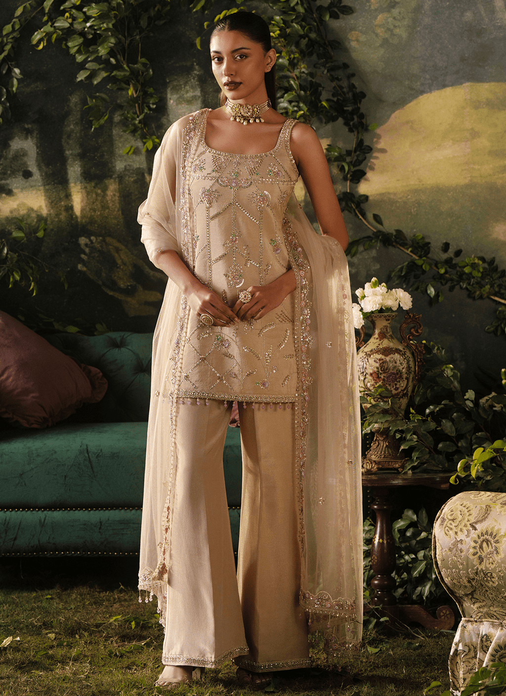 Beige Embroidered Tissue Pant Suit