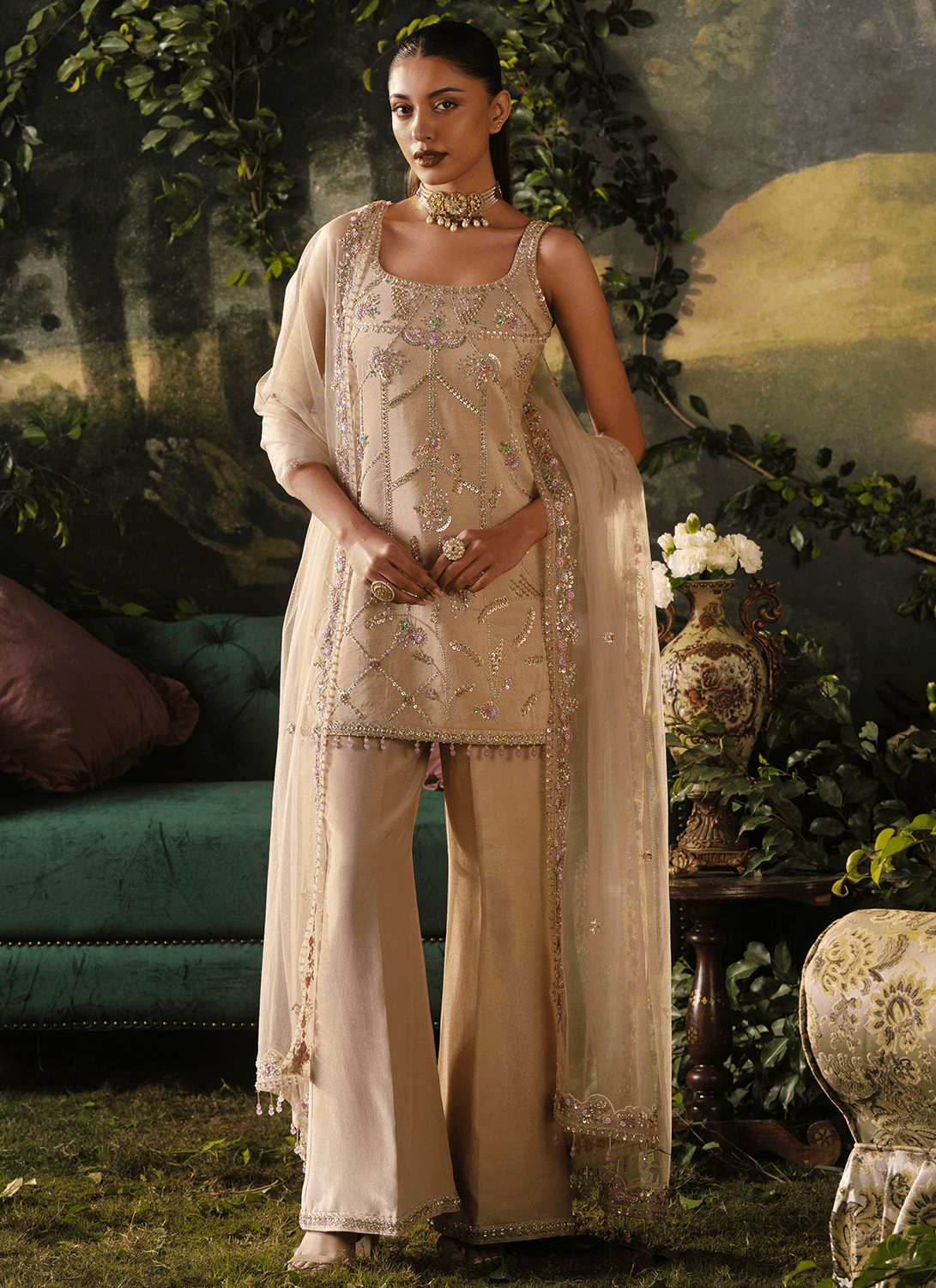 Beige Embroidered Tissue Pant Suit