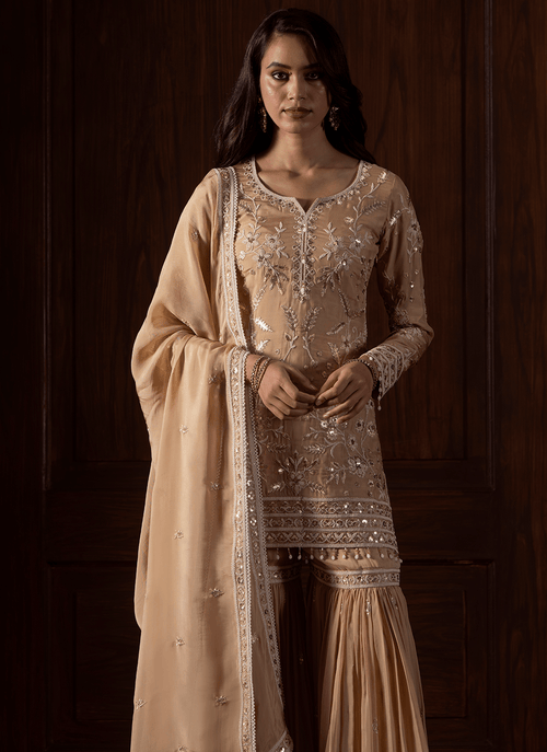 Beige Embroidered Viscose Organza Gharara