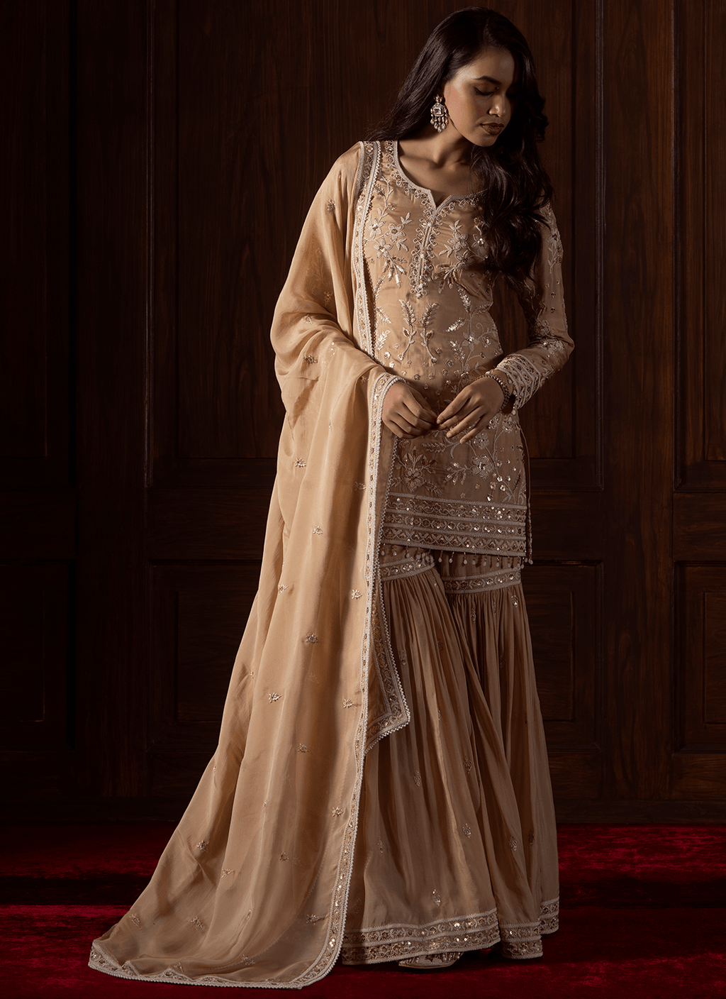 Beige Embroidered Viscose Organza Gharara