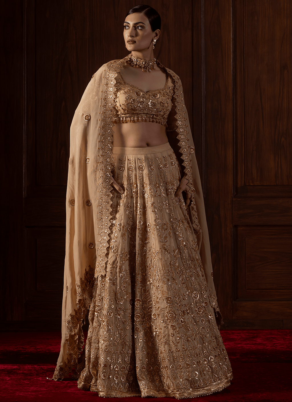 Beige Embroidered Viscose Organza Lehenga