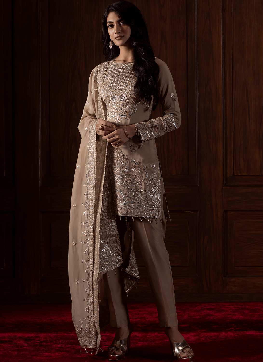 Beige Embroidered Viscose Organza Pant Suit