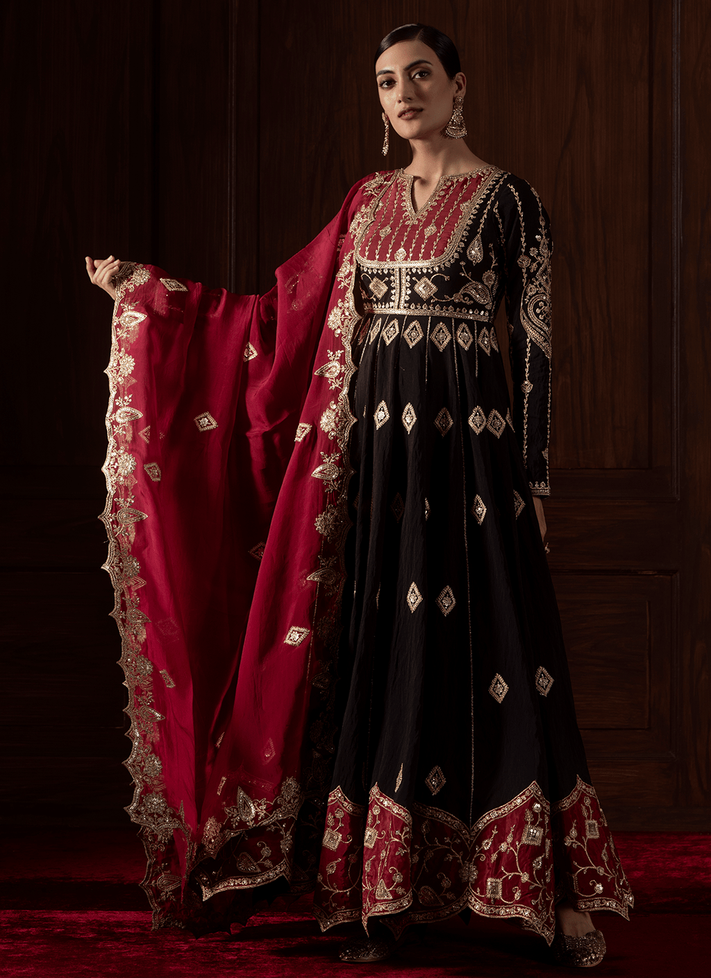 Black and Red Embroidered Chanderi Anarkali