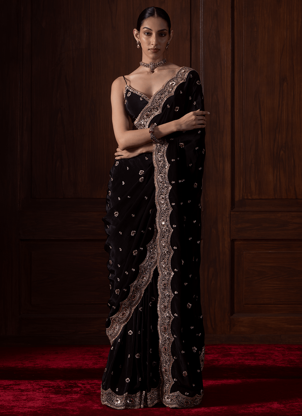 Black Embroidered Crepe Saree