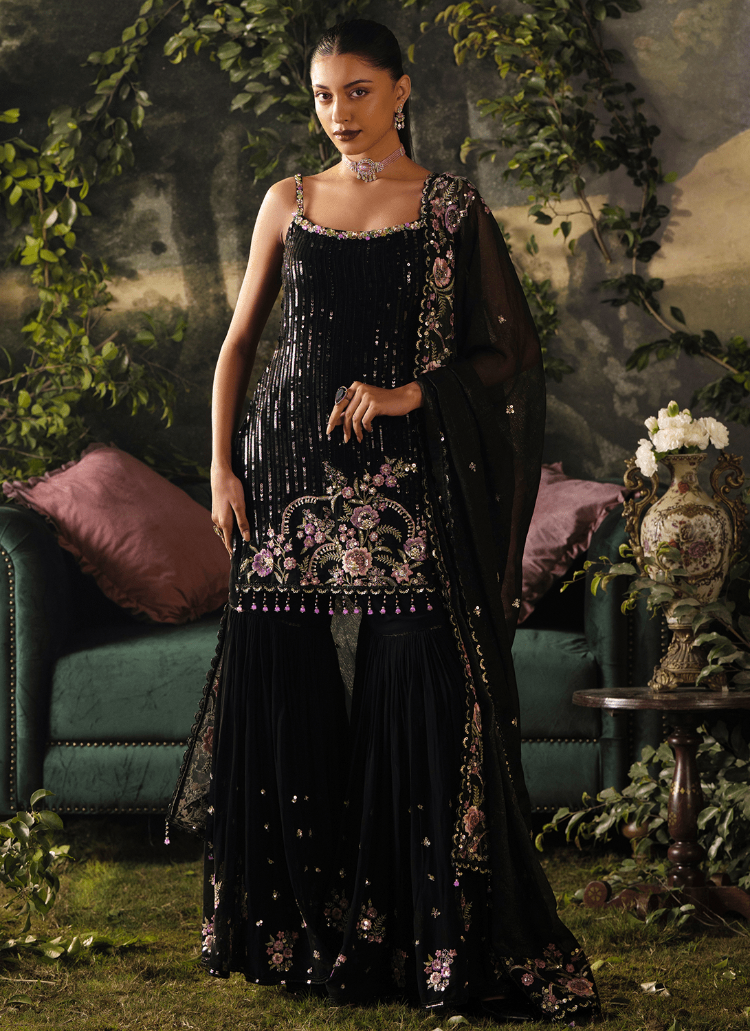 Black Embroidered Viscose Georgette Sharara