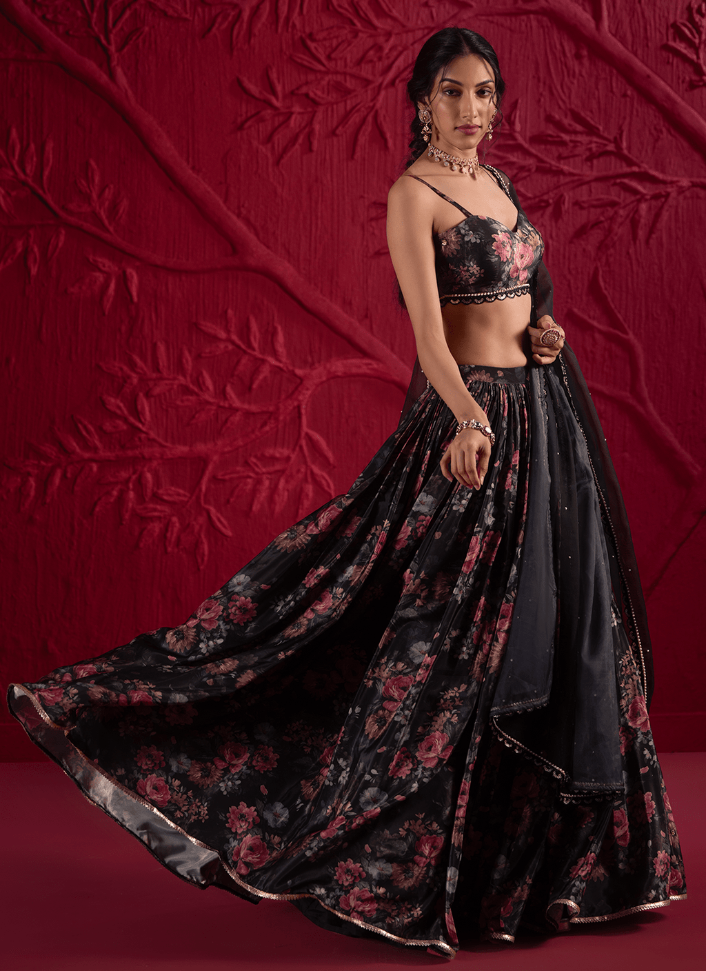 Black Floral Embroidered Crepe Silk Lehenga