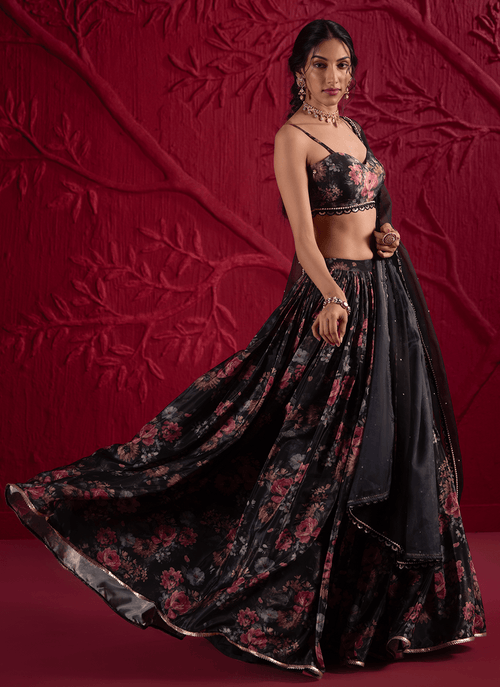 Black Floral Embroidered Crepe Silk Lehenga