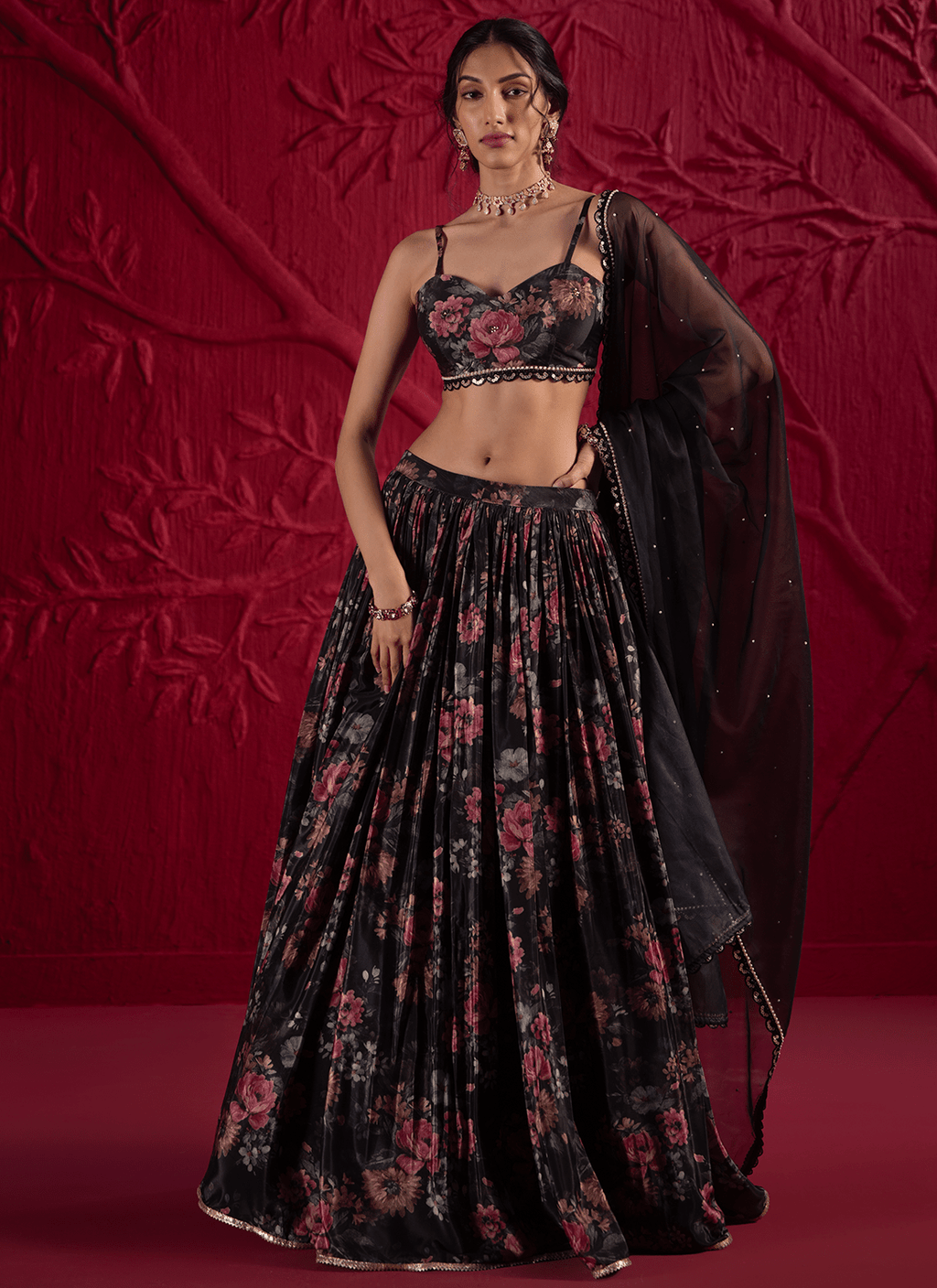 Black Floral Embroidered Crepe Silk Lehenga