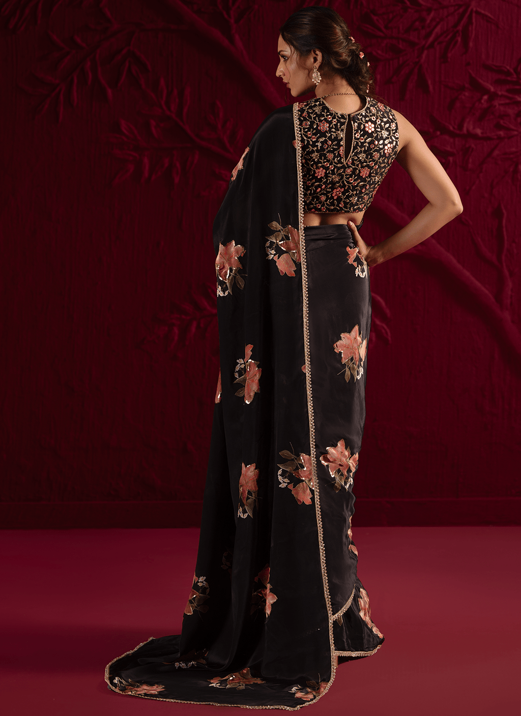 Black Floral Embroidered Crepe Silk Saree