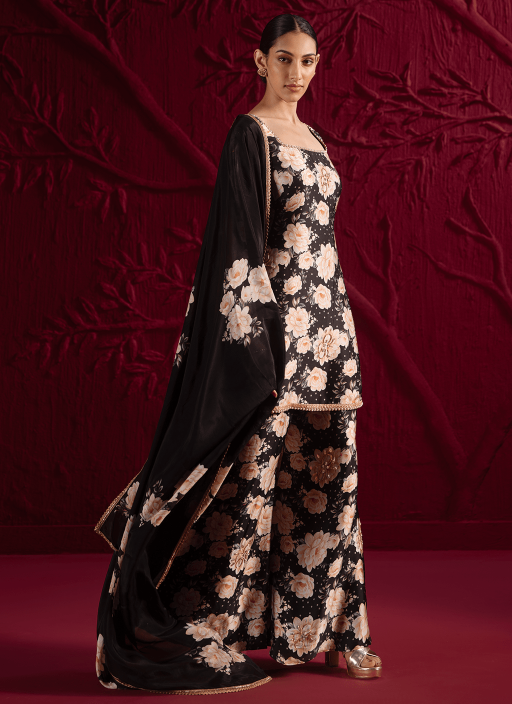 Black Floral Embroidered Satin Georgette Sharara Suit