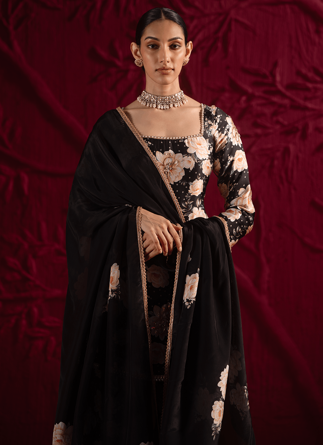 Black Floral Embroidered Satin Georgette Sharara Suit