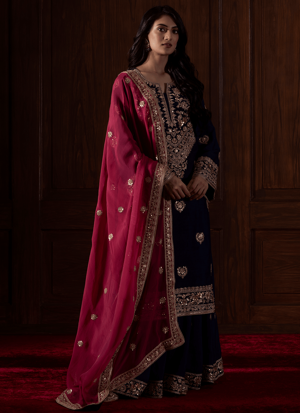 Blue and Magenta Embroidered Silk Sharara