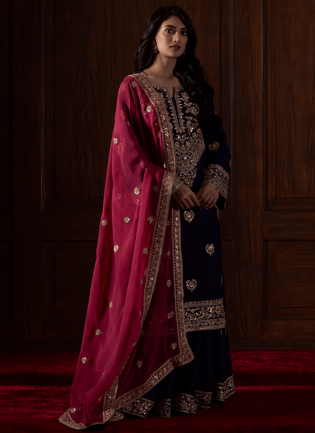 Blue and Magenta Embroidered Silk Sharara
