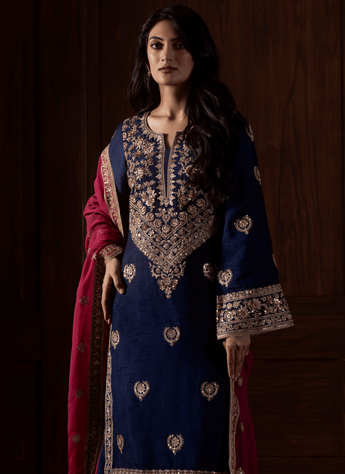 Blue and Magenta Embroidered Silk Sharara