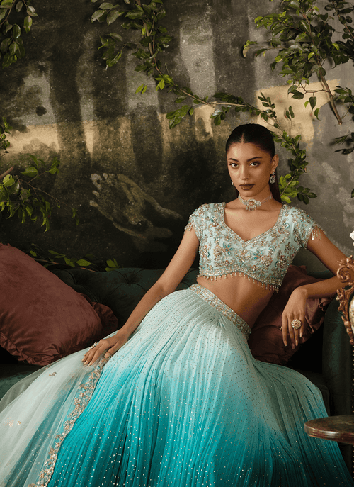 Blue Ombré Embroidered Georgette Lehenga