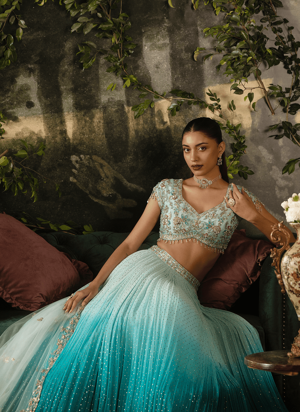 Blue Ombré Embroidered Georgette Lehenga