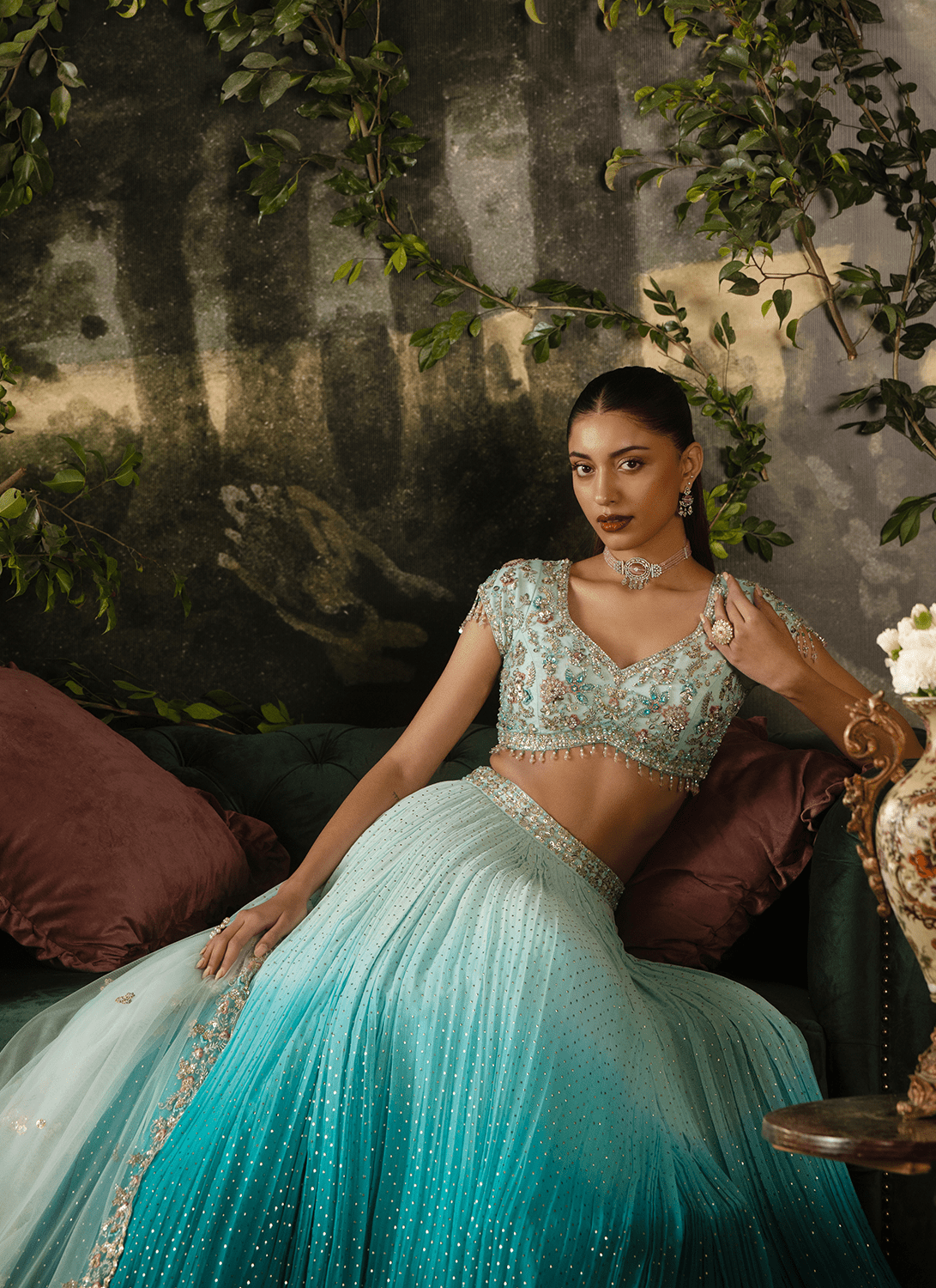 Blue Ombré Embroidered Georgette Lehenga