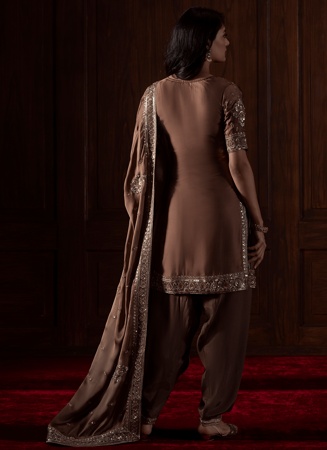Brown Embroidered Viscose Organza Satin Punjabi Suit
