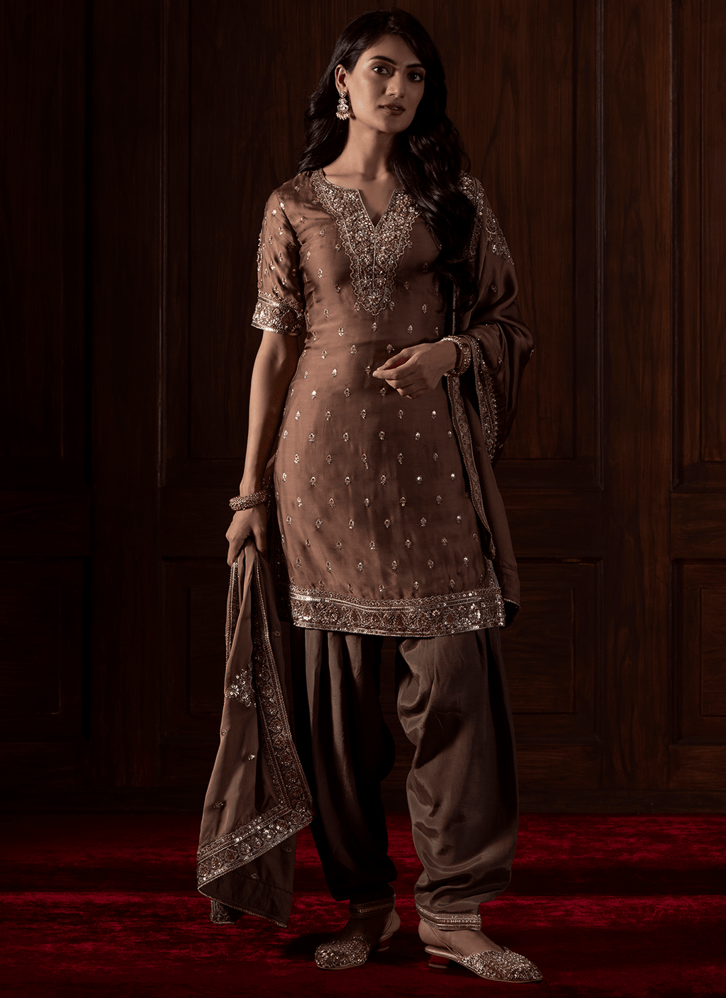 Brown Embroidered Viscose Organza Satin Punjabi Suit