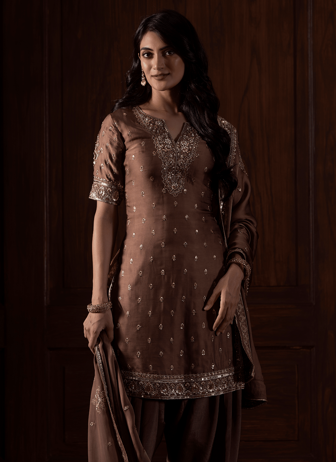 Brown Embroidered Viscose Organza Satin Punjabi Suit